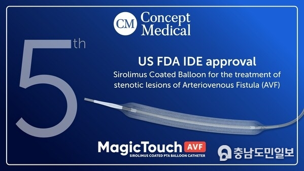 US FDA IDE approval to initiate clinical study of Concept Medical's MagicTouch AVF, a Sirolimus drug-coated balloon (DCB) catheter, for managing stenotic lesions of Arteriovenous Fistula in Chronic Renal Failure. US FDA IDE approval to initiate clinical study of Concept Medical's MagicTouch AVF, a Sirolimus drug-coated balloon (DCB) catheter, for managing stenotic lesions of Arteriovenous Fistula in Chronic Renal Failure.