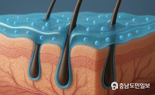 Cross-sectional illustration of human skin treated with a topical Eligobiotics-based gel. The translucent blue gel contains protein-based nanoparticles designed to deliver their DNA payload to bacteria localized within hair follicles, enabling the local expression of therapeutic biologics. Cross-sectional illustration of human skin treated with a topical Eligobiotics-based gel. The translucent blue gel contains protein-based nanoparticles designed to deliver their DNA payload to bacteria localized within hair follicles, enabling the local expression of therapeutic biologics.
