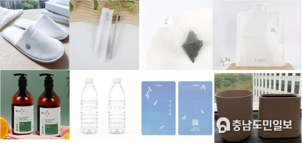 JI Hotels realized the environmental protection of guest supplies: (from top left) biodegradable slippers, toothbrushes, biodegradable tea bags and laundry bags; (from bottom left) eco-friendly shower bottles, customized drinking water bottles without labels , biodegradable room cards and biotech trash cans.