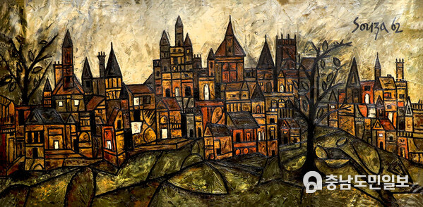 F.N. Souza’s architectural cityscape channels raw, brooding intensity through sharp angles and visceral textures, transforming a medieval-inspired vista into a powerful psychological landscape.