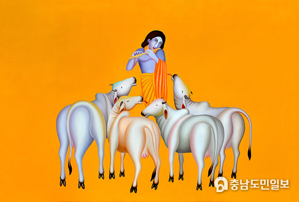 Manjit Bawa’s 1998 masterpiece from his Krishna series, captures a meditative harmony through its iconic ochre backdrop and sculptural simplicity.