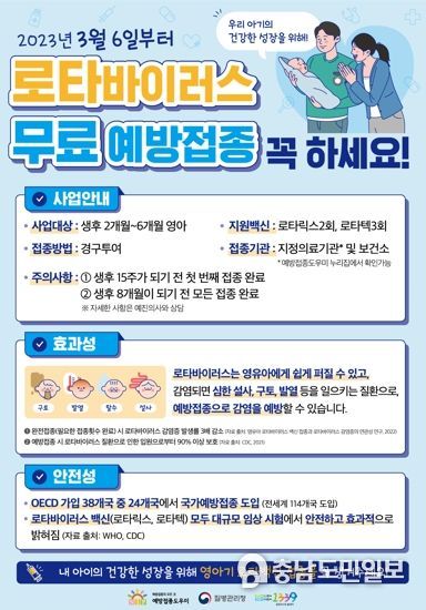 홍성군, 3월부터 로타바이러스 백신 무료 예방접종 실시