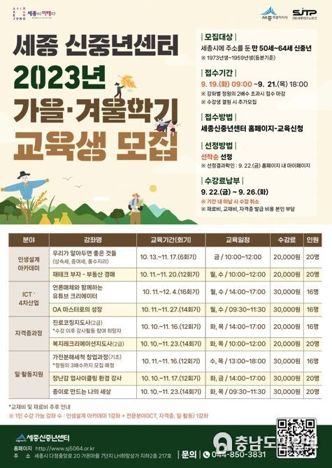 세종신중년센터, 가을·겨울학기 수강생 모집